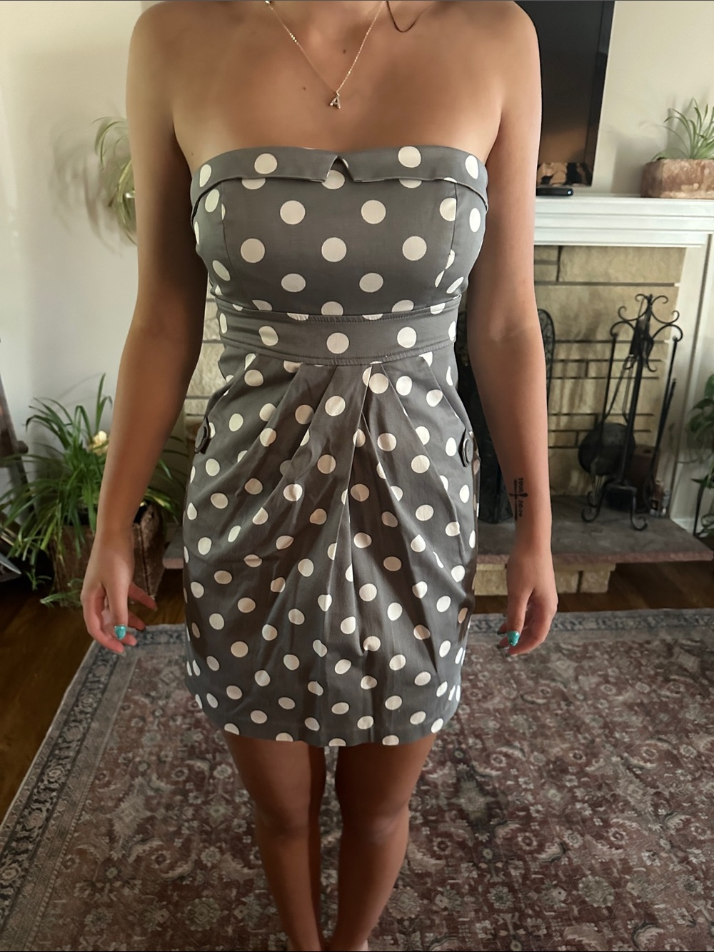 City Triangles Grey and White Polka Dot Strapless Dress